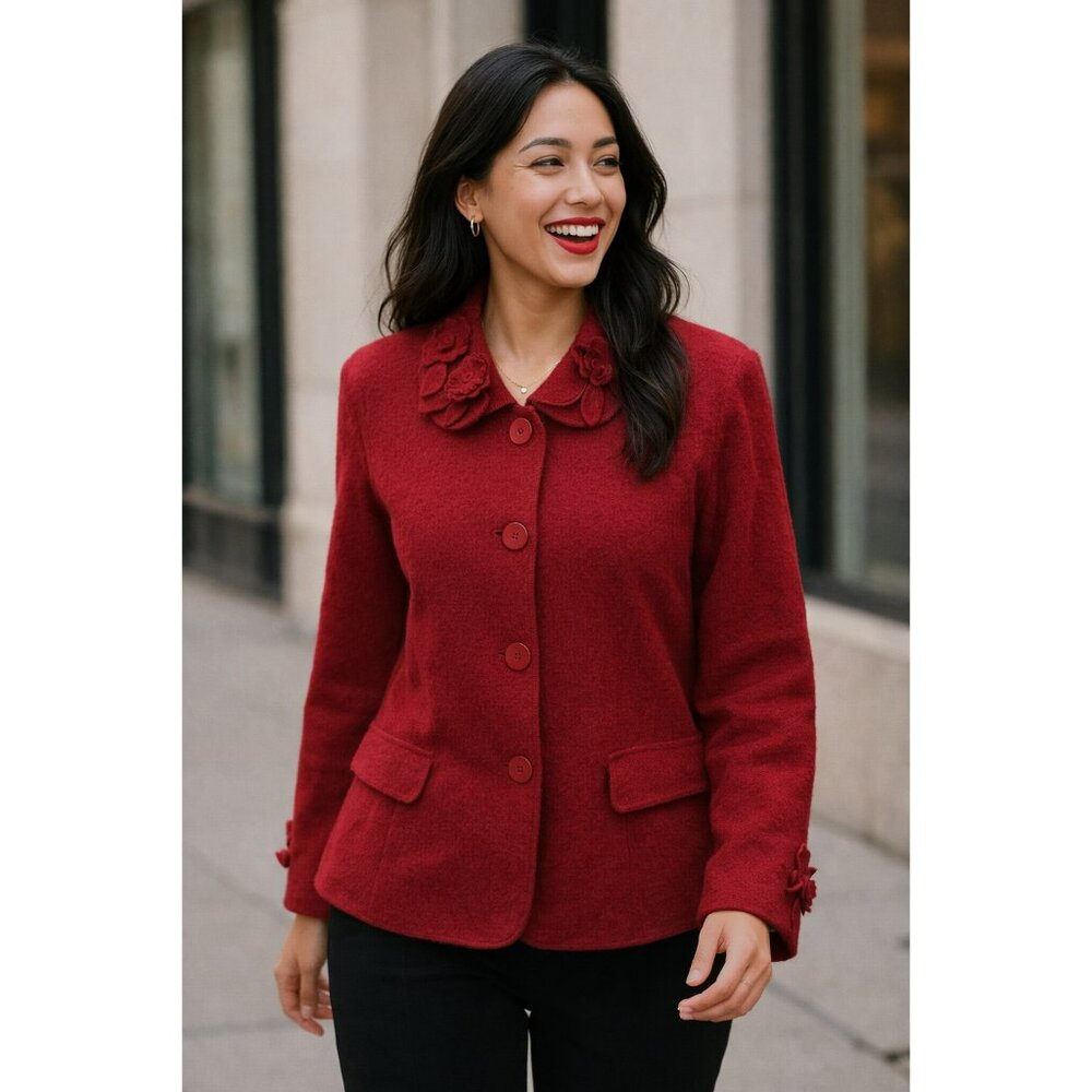 Susan Bristol Red Wool Button-Up Jacket With Floral Collar & Cuffs Womens XL